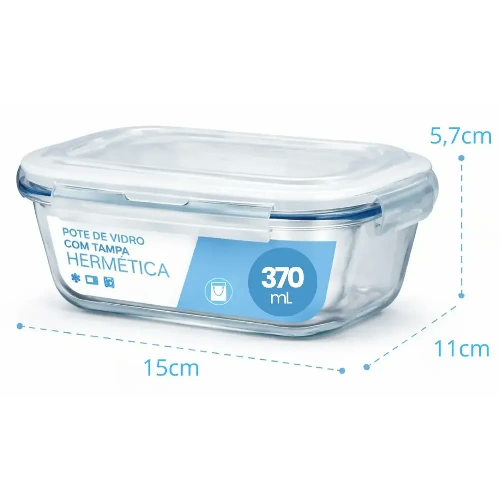 Kit 10 Pote Vidro Hermético Marmita 370ml Micro-ondas Freezer Forno Organização Geladeira