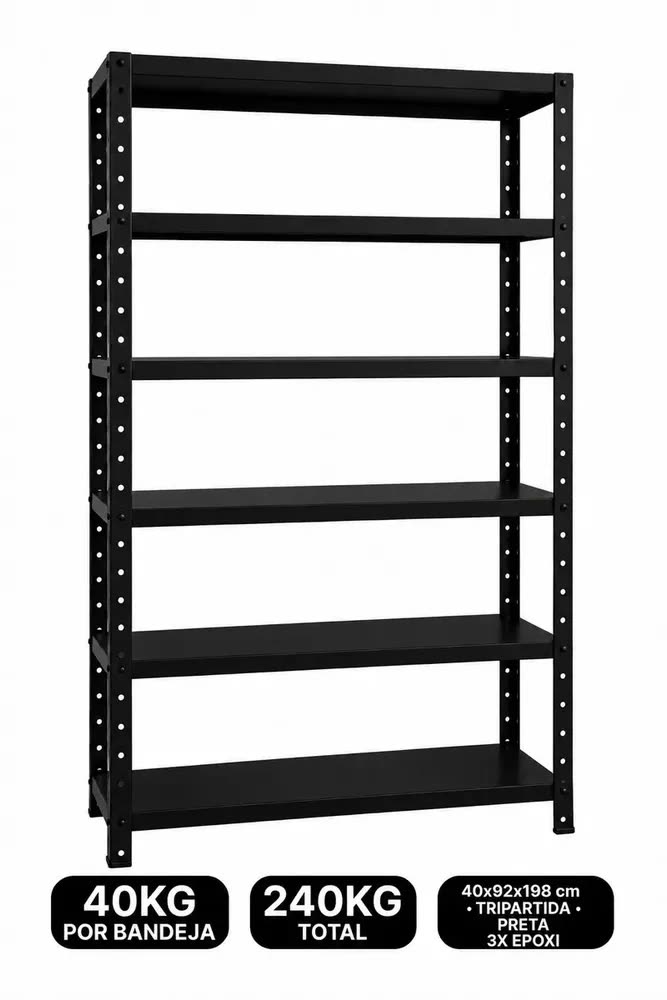 foto de Estante/Prateleira de Aço Preta 42x92x198 com 6 bandejas Reforçada Industrial