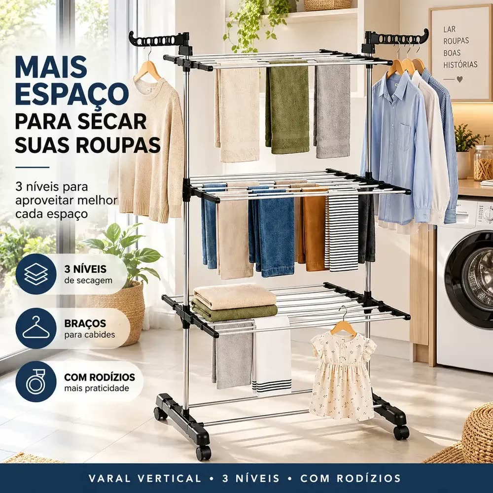 Varal Vertical de Chão 3 Níveis com Rodízios e Braços para Cabides Dobrável Grande para Roupas Preto e Prata