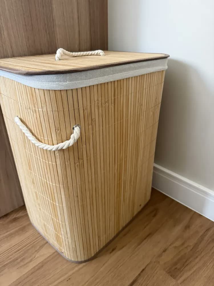 foto de Cesto Roupa Bambu Retangular Dobrável Com Tampa Alças 60l Bege c/ Forro p/ Roupas Sujas