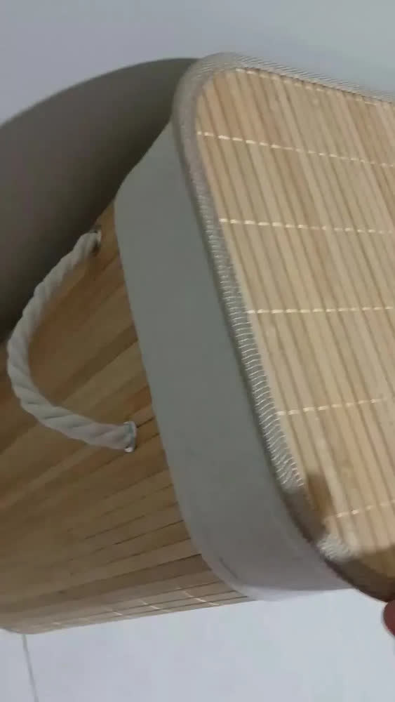foto de Cesto Roupa Bambu Retangular Dobrável Com Tampa Alças 60l Bege c/ Forro p/ Roupas Sujas