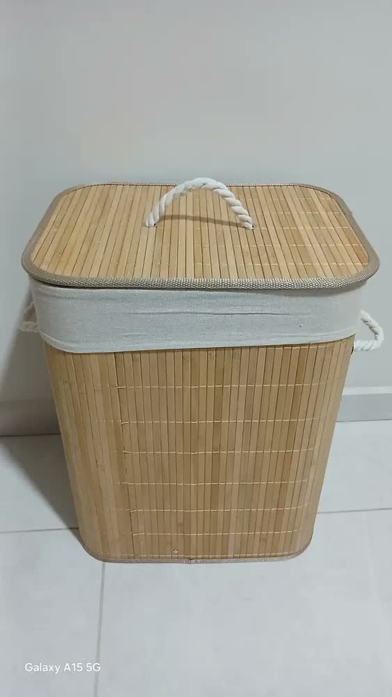 foto de Cesto Roupa Bambu Retangular Dobrável Com Tampa Alças 60l Bege c/ Forro p/ Roupas Sujas