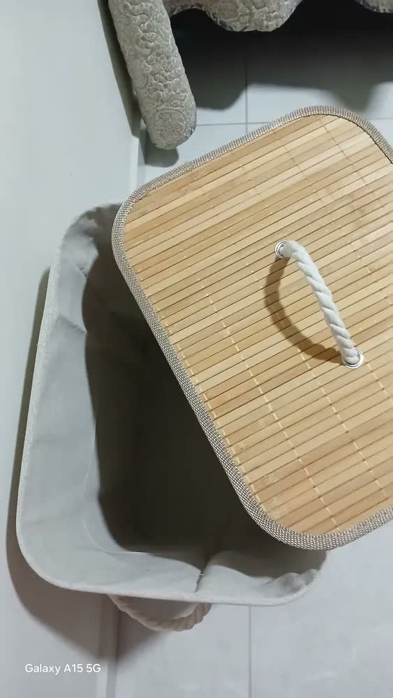 foto de Cesto Roupa Bambu Retangular Dobrável Com Tampa Alças 60l Bege c/ Forro p/ Roupas Sujas