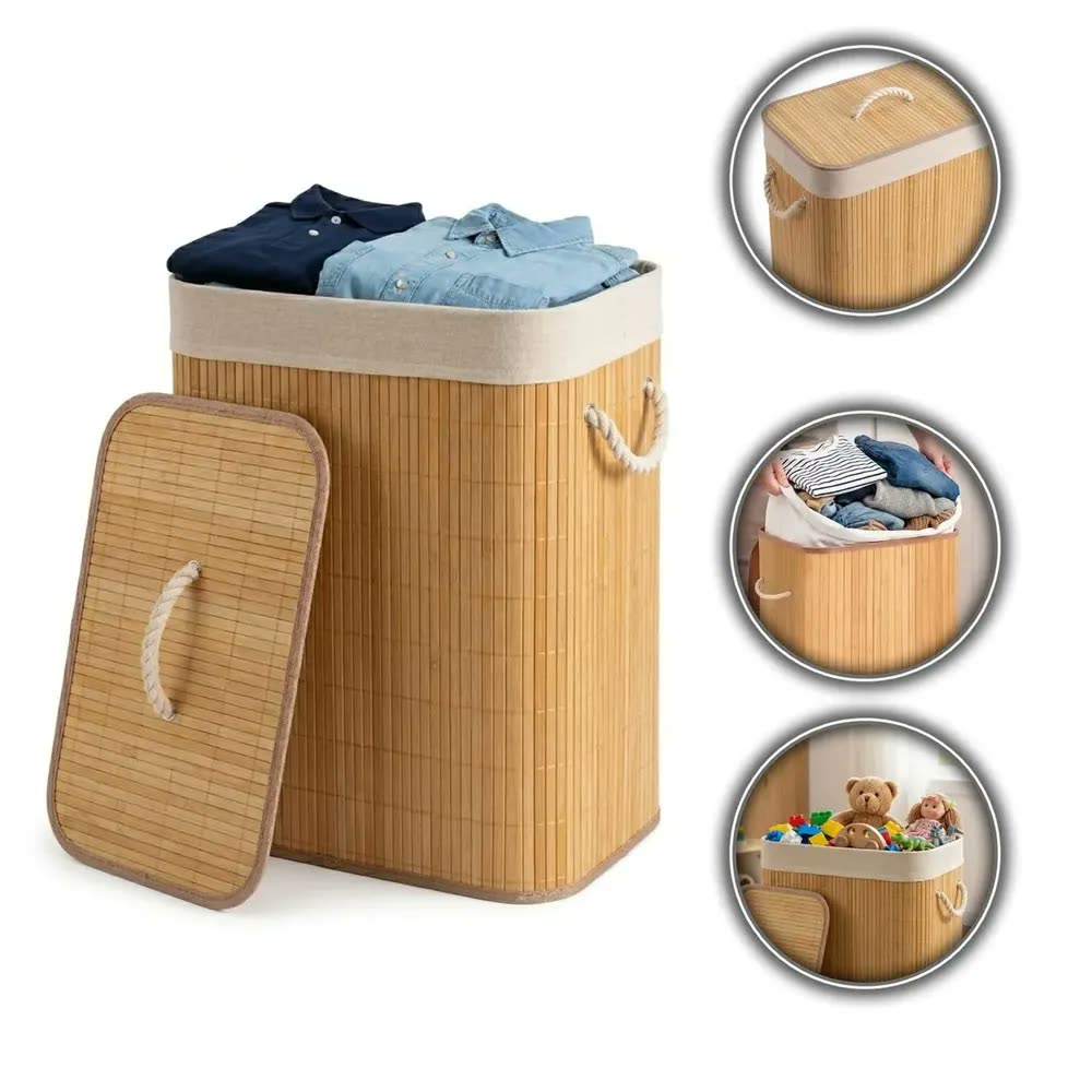 Cesto Roupa Bambu Retangular Dobrável Com Tampa Alças 60l Bege c/ Forro p/ Roupas Sujas