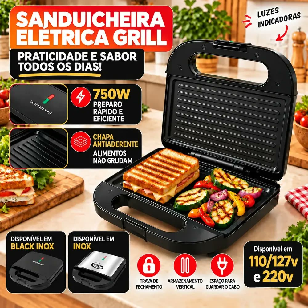 foto de Sanduicheira Elétrica Grill Antiaderente VYROX para 2 Sanduíches, Inox