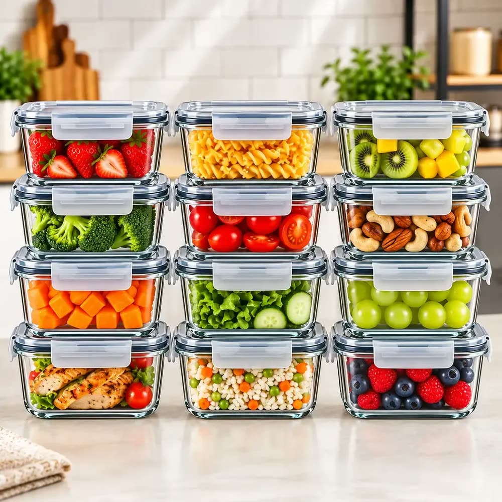 foto de Kit 12 Potes de Vidro Herméticos Retangulares 370ml para Alimentos com Tampa