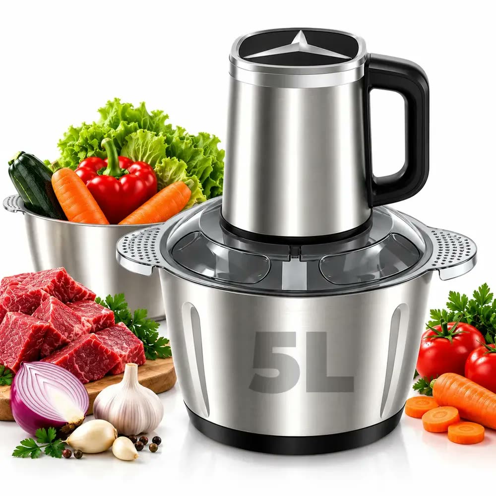foto de Processador De Alimentos Elétrico 5 Litros 3 Velocidades Aço Inox Multiprocessador Triturador e Cortador com Descascador de Alho
