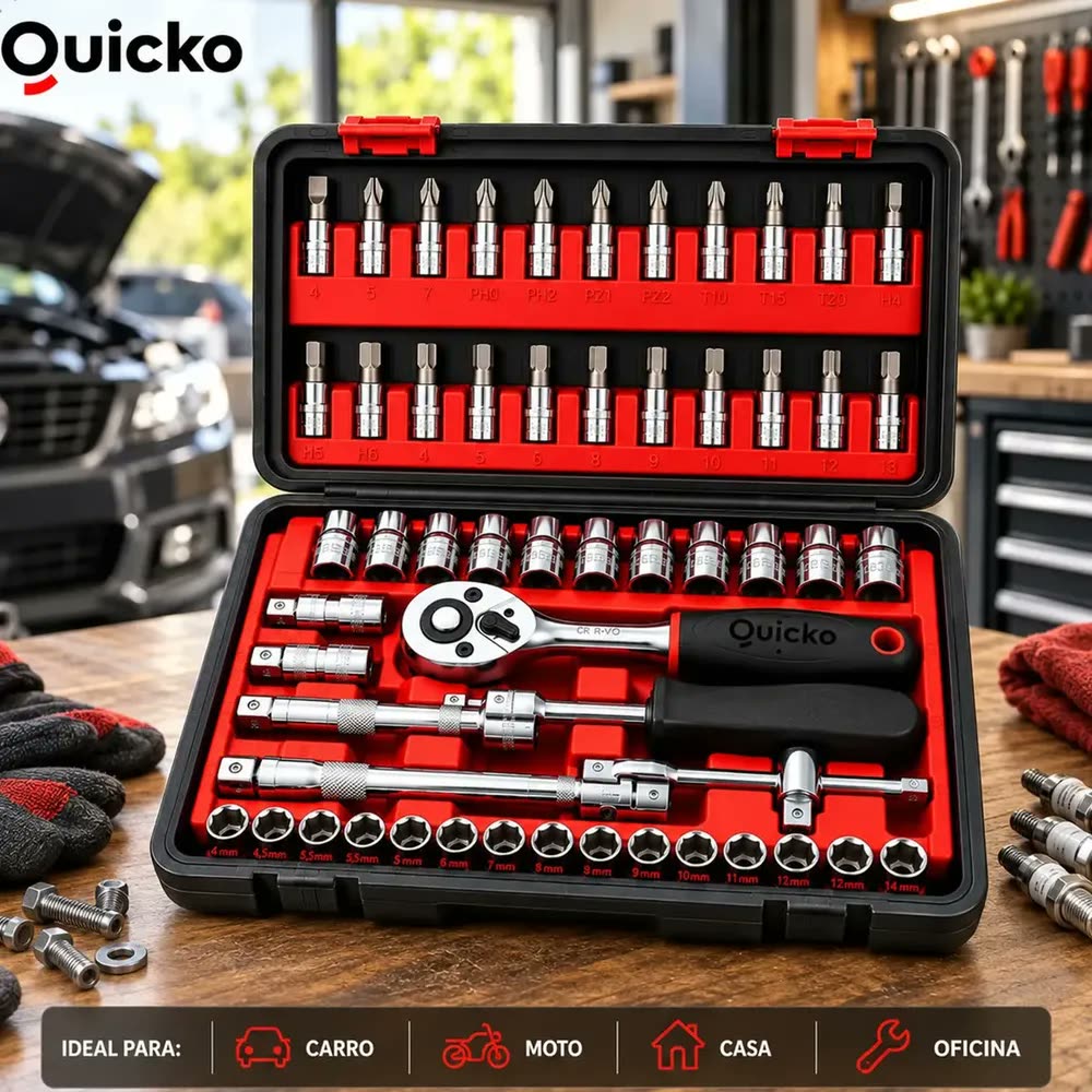foto de Kit Ferramentas 46 Peças Jogo Chaves Catraca Soquetes Allen Torx Fenda Phillips Maleta Completa Manual Mecânico Manutenção Casa Carro Oficina Profissional ajustes e reparos diversos montagens Quicko