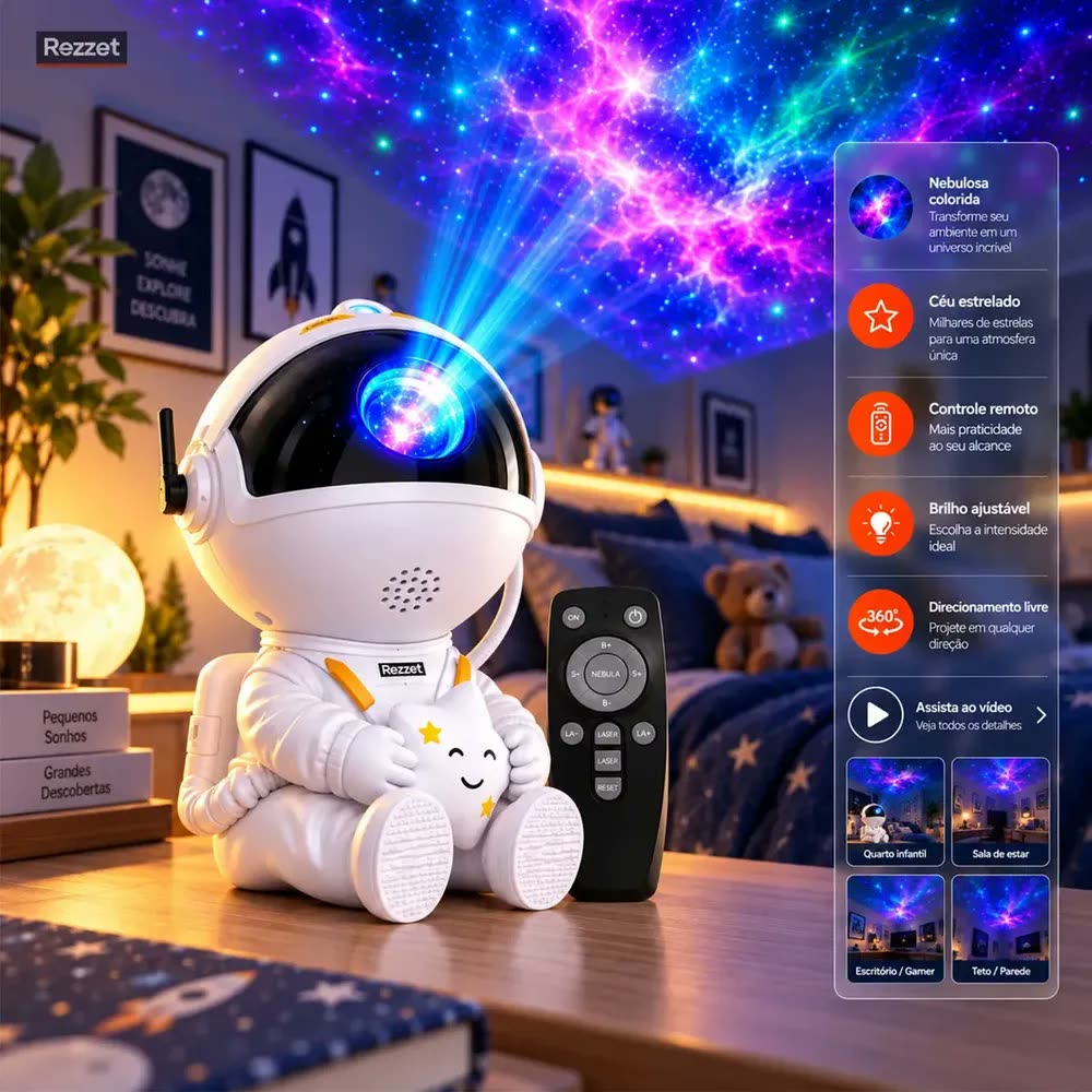 foto de Projetor Astronauta Rezzet LED RGB para Quarto Infantil com Galáxia e Nebulosa