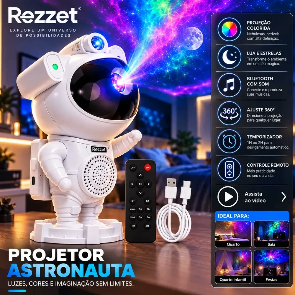 foto de Luminária Projetor Astronauta Galáxia Estrelas Lua LED Bluetooth Caixa de Som Integrada Controle Remoto 360° Luz Noturna Abajur de Mesa para Quarto Sala Decoração Presente Rezzet