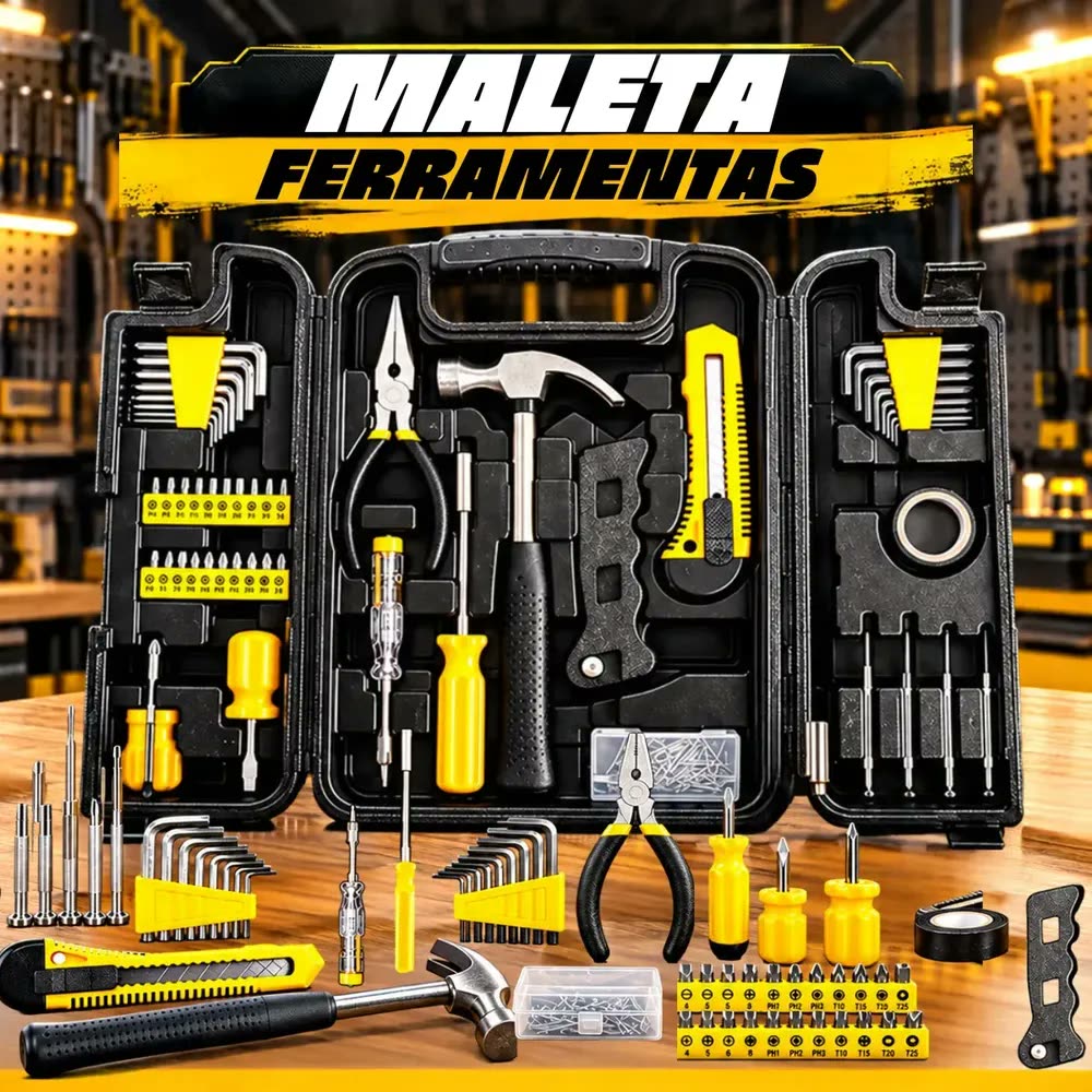 foto de Jogo Maleta ferramentas 200 peças profissioal e domestico Completa Manutenção, Alicate, Bits, Estilete, Chaves Allen, Fenda E Phillips, Martelo, Serra, Fita Isolante, Pregos, Buchas, Chave Voltagem