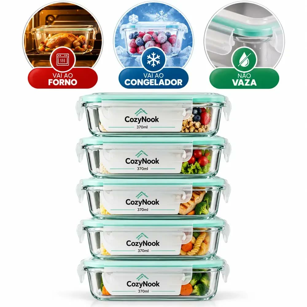 foto de Kit Com 5 Potes De Vidro Borossilicato Para Marmita Tampa Hermética 370ml Livre de BPA - Cozynook