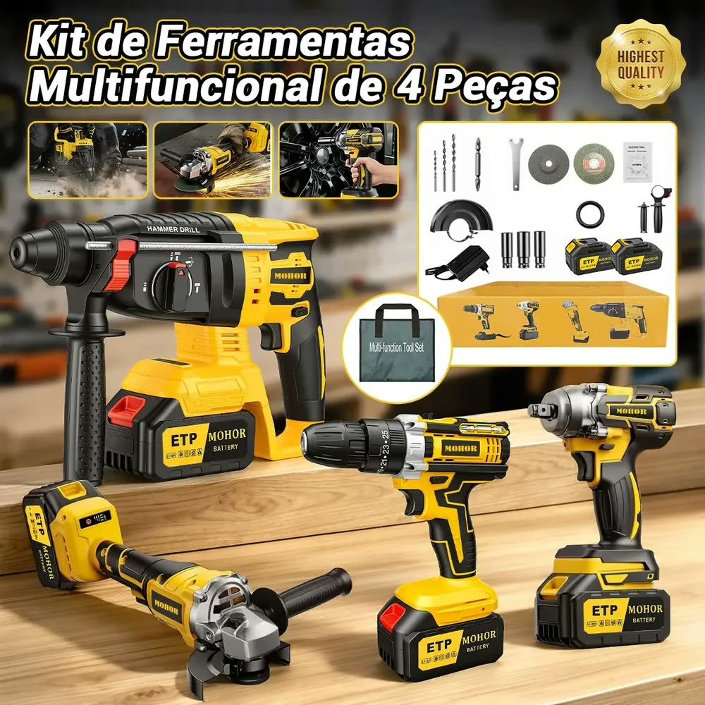foto de Kit Ferramentas Elétricas MOHOR 4 em 1 com 2 Baterias, Furadeira Parafusadeira, Martelete, Esmerilhadeira e Chave de Impacto