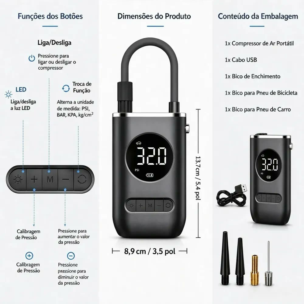 foto de Mini Compressor de Ar Portátil Digital Sem Fio para Pneus e Infláveis