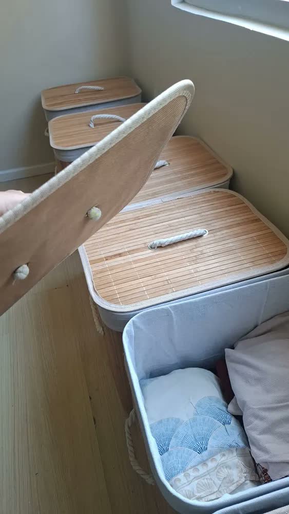 foto de Cesto Organizador De Roupa Suja Bambu 50 Litros Com Tampa Palha Liso Com Alça Banheiro Lavanderia