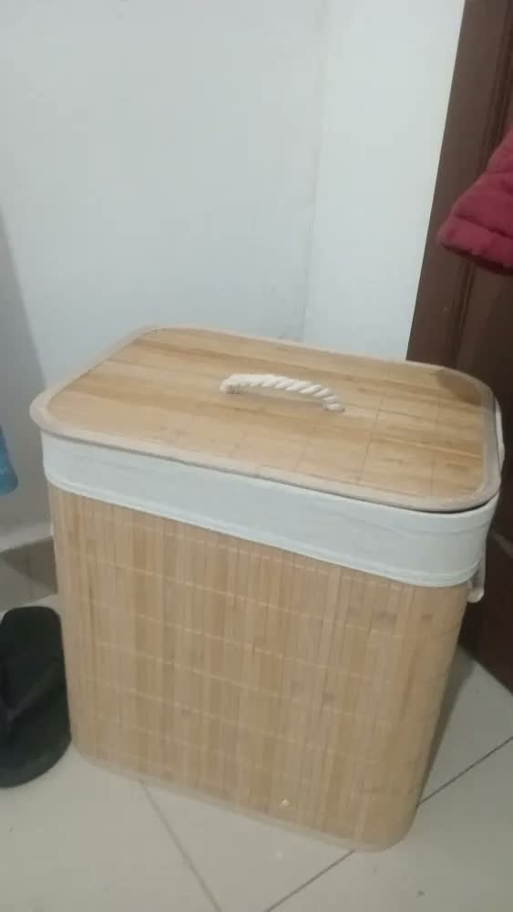 foto de Cesto Organizador De Roupa Suja Bambu 50 Litros Com Tampa Palha Liso Com Alça Banheiro Lavanderia