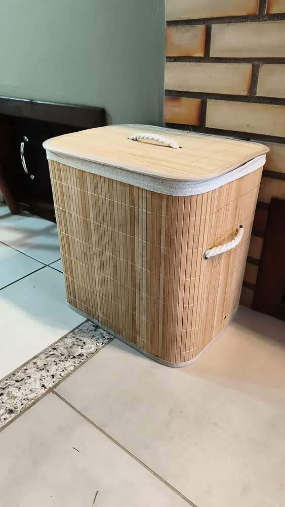 foto de Cesto Organizador De Roupa Suja Bambu 50 Litros Com Tampa Palha Liso Com Alça Banheiro Lavanderia