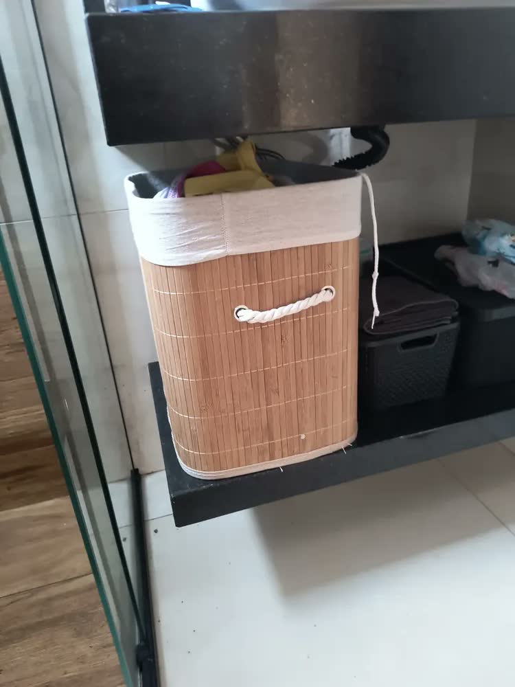 foto de Cesto Organizador De Roupa Suja Bambu 50 Litros Com Tampa Palha Liso Com Alça Banheiro Lavanderia