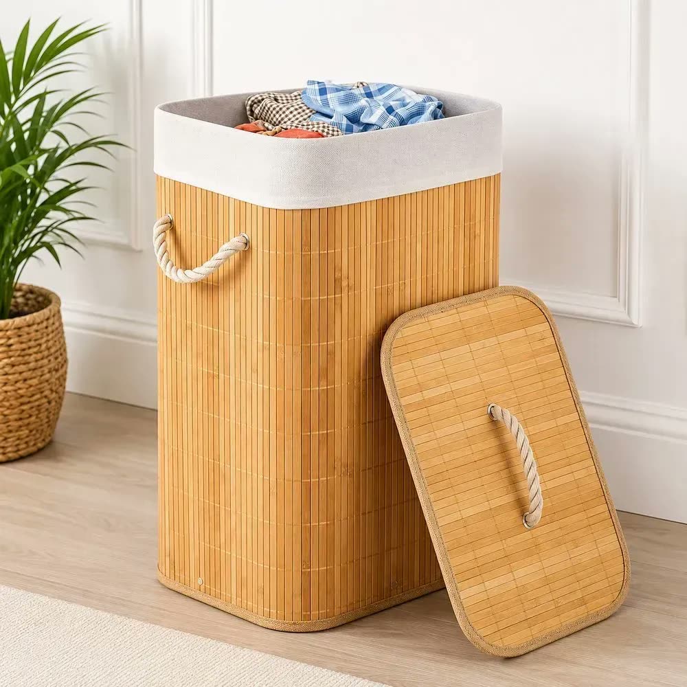 Cesto Organizador De Roupa Suja Bambu 50 Litros Com Tampa Palha Liso Com Alça Banheiro Lavanderia