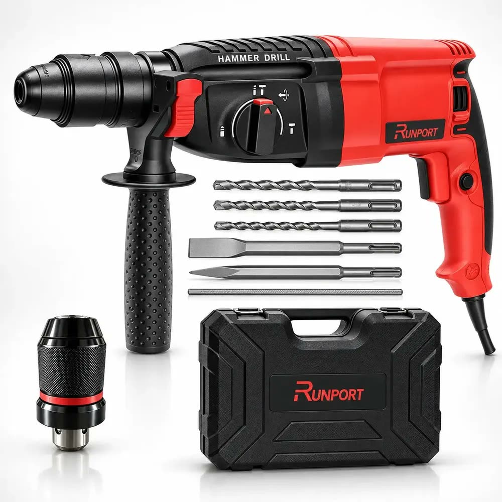 foto de Martelete Perfurador Rompedor Profissional Runport SDS Plus 1300W 26mm 3,2J 3 Funções com Maleta e Acessórios
