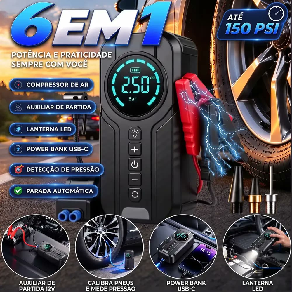 foto de Auxiliar de Partida Compressor Portatil Carregador Bateria 12V Emergência Veicular Multigoods Carro Moto