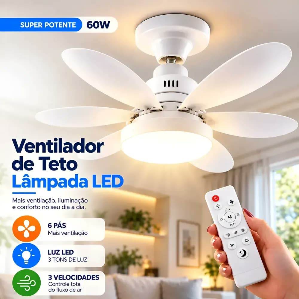 VentiIador de Teto Lâmpada LED 60w Ultra Forte Turbo e Silencioso E27 Com Controle Remoto 6 pás Portátil Para Comercial Interno Externo Quarto Sala Escritório Luxo Evolufix