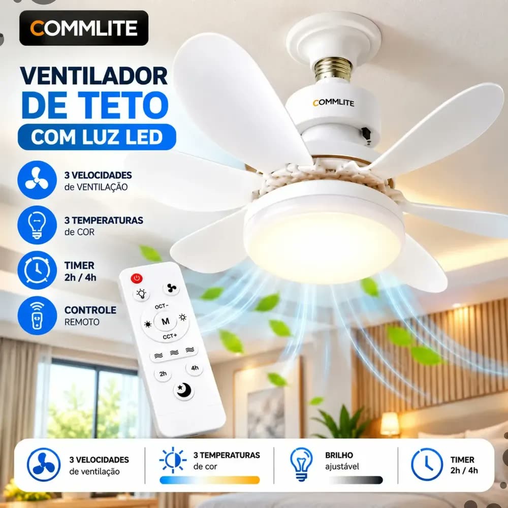Ventilador De Teto 120w Com Lâmpada LED E Controle Remoto Bivolt Soquete E27 42cm 3 Velocidades 3 Cores De Luz Brilho Ajustável Timer 2h/4h Silencioso Branco Para Quarto E Sala Commlite