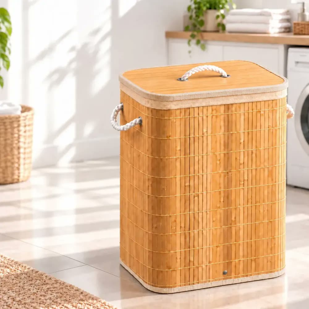 foto de Cesto Bambu Organizador Roupa Suja Banheiro Lavanderia com Forro Removível Dobrável Decoração Casa Multifuncional Armazenamento Toalha Brinquedo Quarto Residencial Elegante Prático Resistente